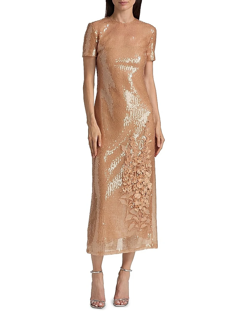 Floral Appliqué Sequined Short-Sleeve Cocktail Dress