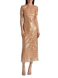 Floral Appliqué Sequined Short-Sleeve Cocktail Dress