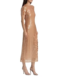 Floral Appliqué Sequined Short-Sleeve Cocktail Dress