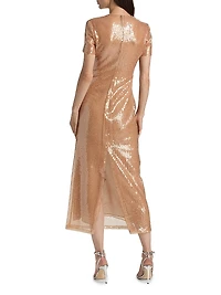Floral Appliqué Sequined Short-Sleeve Cocktail Dress
