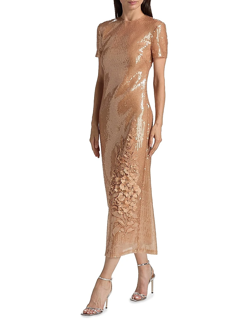 Floral Appliqué Sequined Short-Sleeve Cocktail Dress
