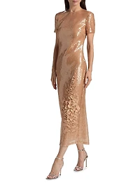 Floral Appliqué Sequined Short-Sleeve Cocktail Dress