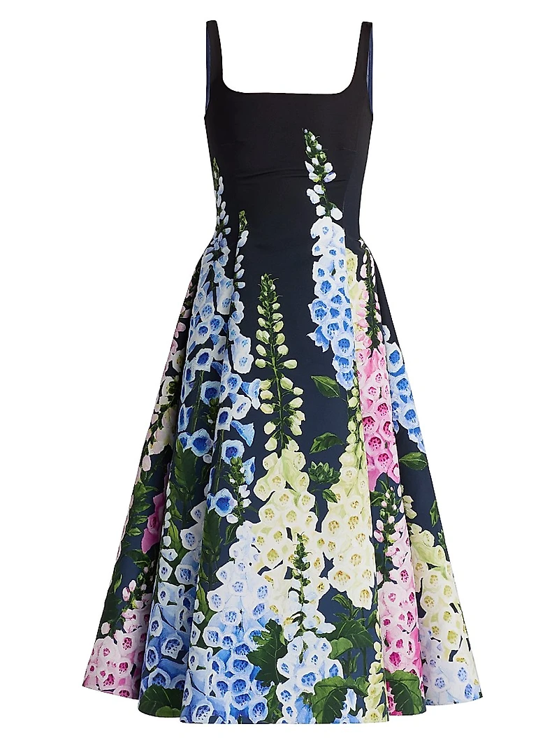 Foxgloves-Print Degradé Faille Sleeveless Cocktail Dress