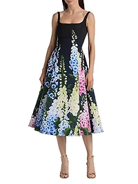 Foxgloves-Print Degradé Faille Sleeveless Cocktail Dress