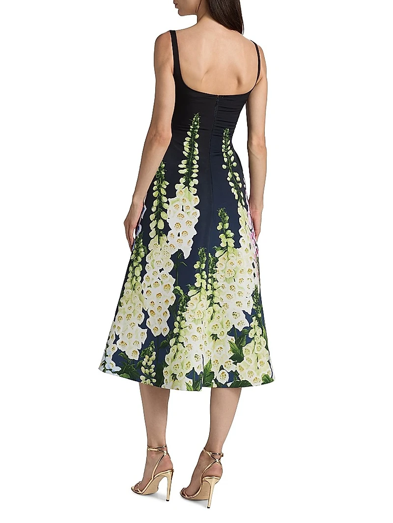 Foxgloves-Print Degradé Faille Sleeveless Cocktail Dress