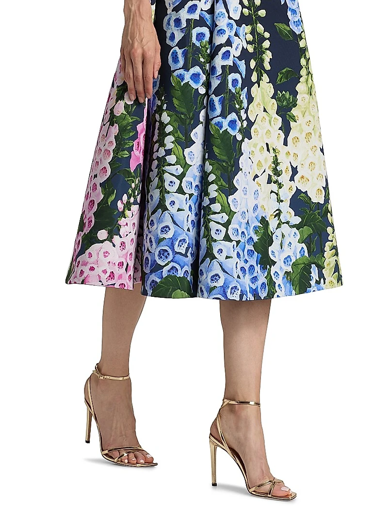 Foxgloves-Print Degradé Faille Sleeveless Cocktail Dress