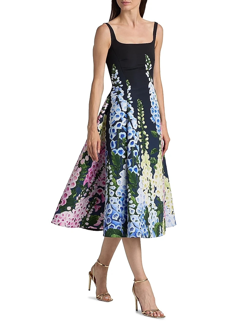 Foxgloves-Print Degradé Faille Sleeveless Cocktail Dress