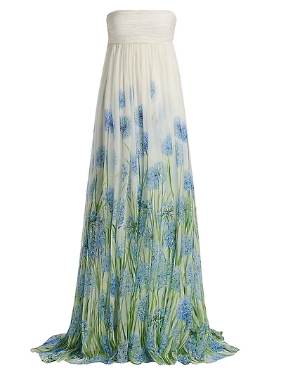 Alliums-Print Degrade Chiffon Strapless Gown