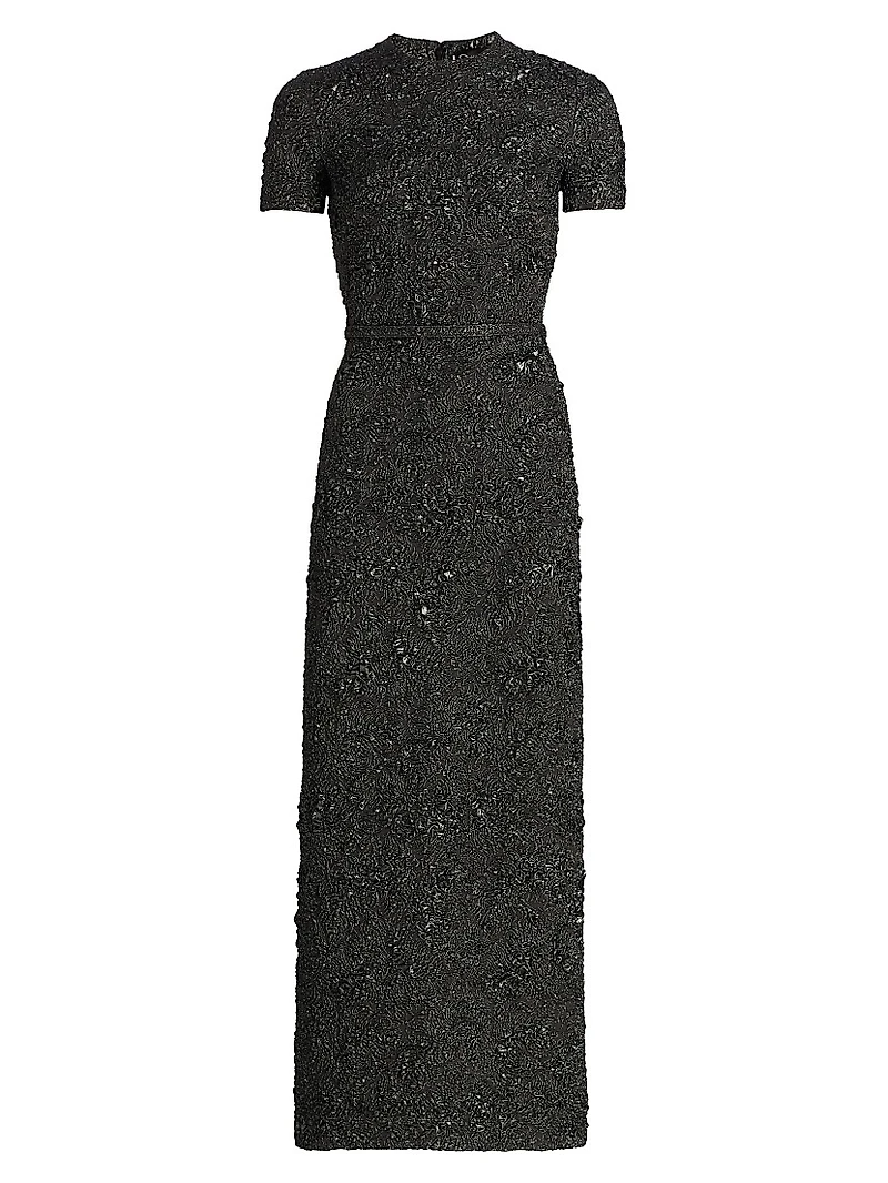 Metallic Jacquard Belted Column Dress