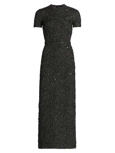 Metallic Jacquard Belted Column Dress