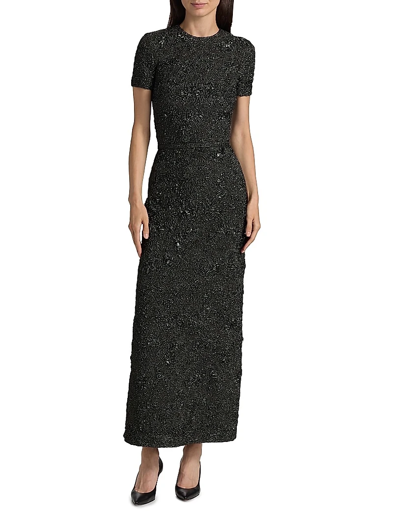 Metallic Jacquard Belted Column Dress