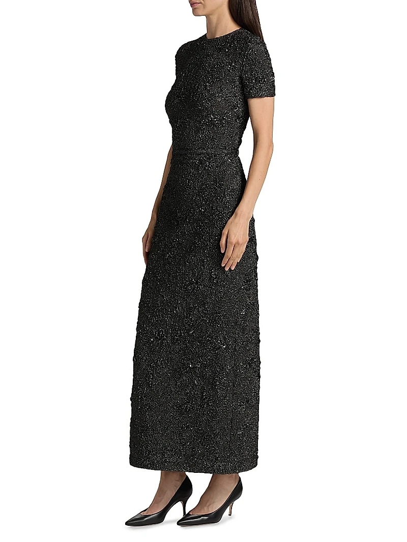 Metallic Jacquard Belted Column Dress