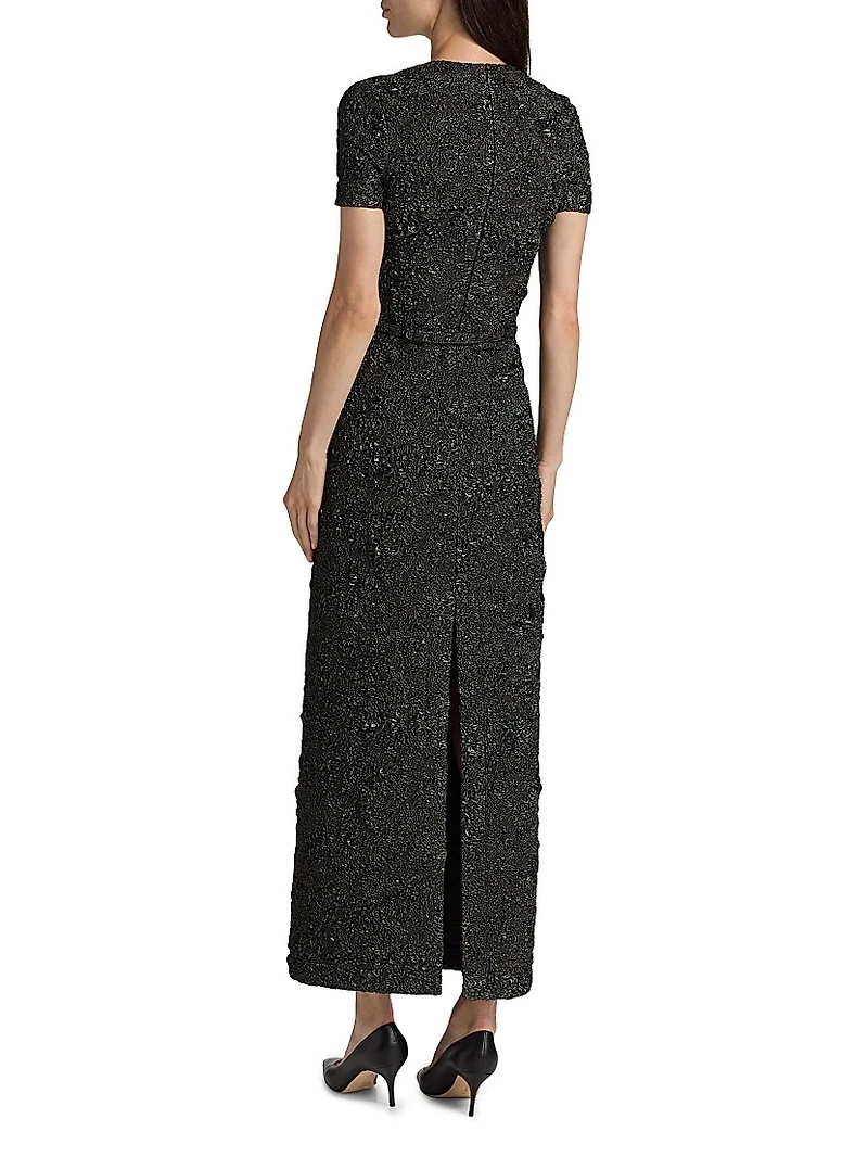 Metallic Jacquard Belted Column Dress