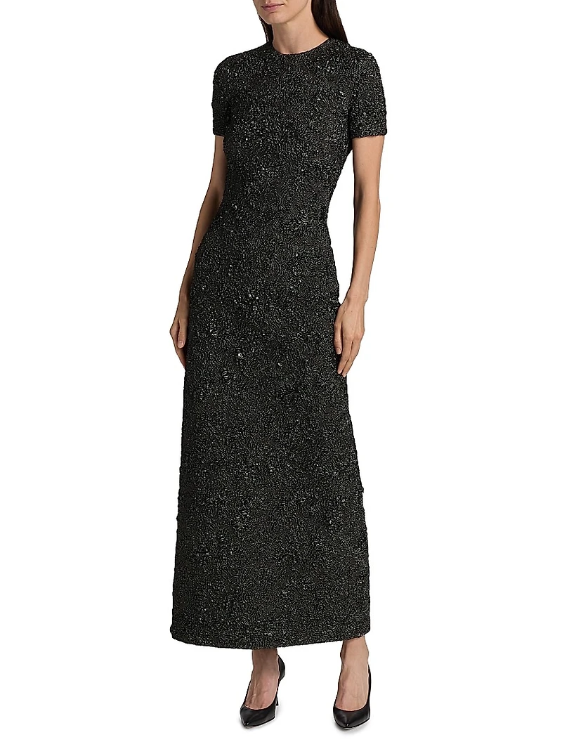 Metallic Jacquard Belted Column Dress