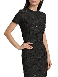 Metallic Jacquard Belted Column Dress