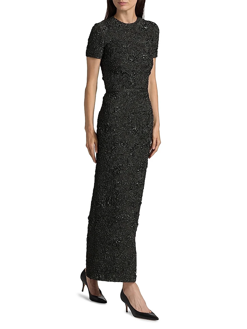 Metallic Jacquard Belted Column Dress