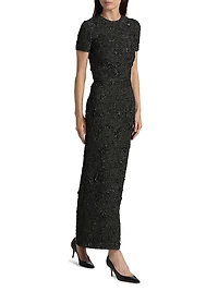 Metallic Jacquard Belted Column Dress