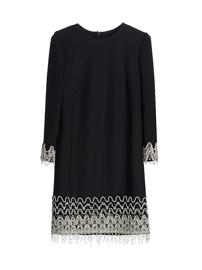 Wave Embroidered Long-Sleeve Cocktail Dress