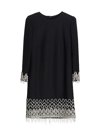 Wave Embroidered Long-Sleeve Cocktail Dress