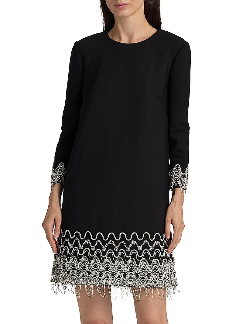 Wave Embroidered Long-Sleeve Cocktail Dress