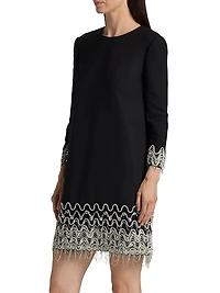 Wave Embroidered Long-Sleeve Cocktail Dress