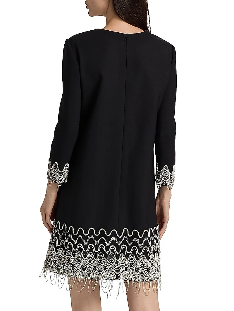 Wave Embroidered Long-Sleeve Cocktail Dress