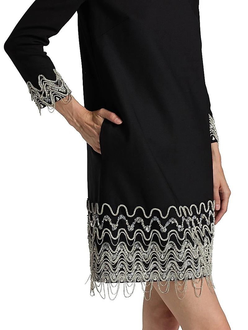Wave Embroidered Long-Sleeve Cocktail Dress