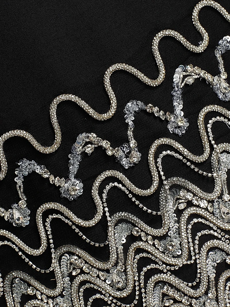 Wave Embroidered Long-Sleeve Cocktail Dress