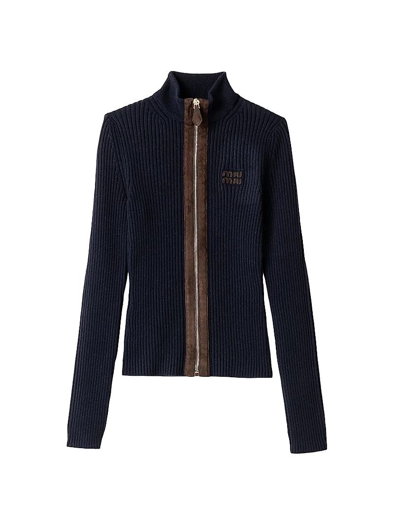 Cashmere and Leather Zipper Cardigan