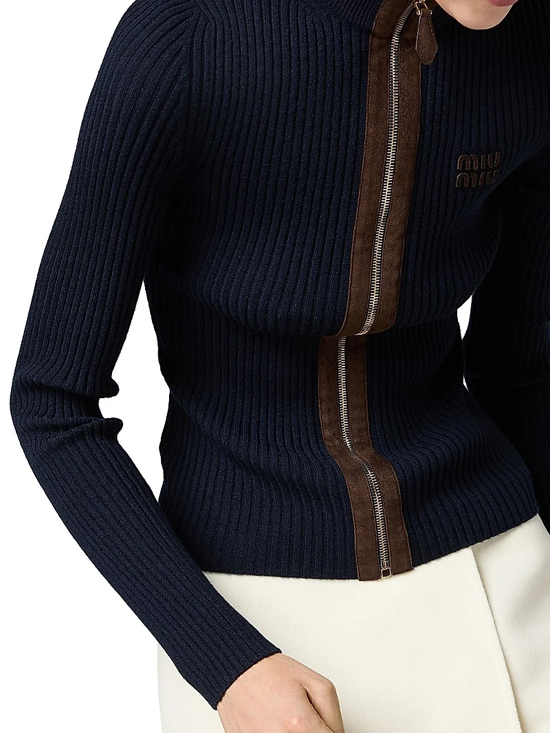 Cashmere and Leather Zipper Cardigan