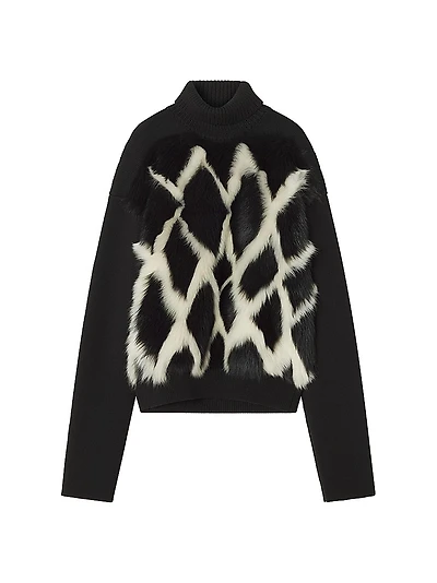 Wool and Leather Intarsia Turtleneck Sweater