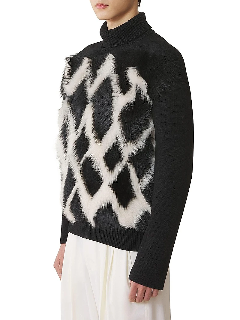 Wool and Leather Intarsia Turtleneck Sweater