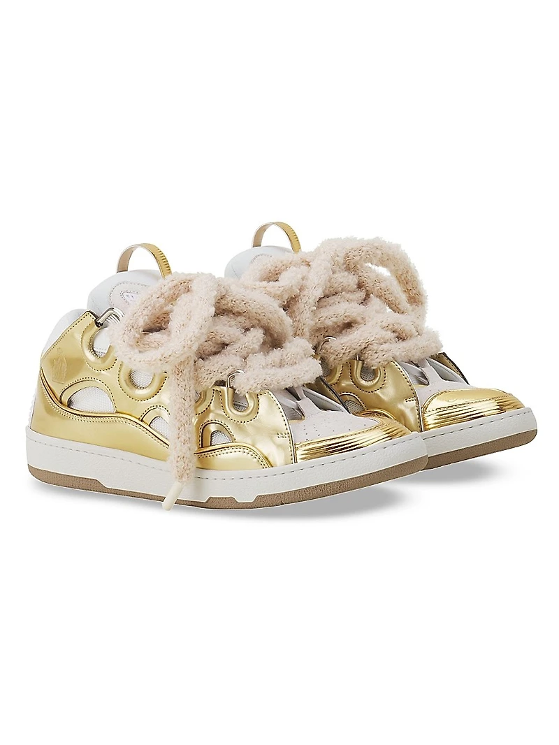 Curb Metallic Leather Sneakers with Mesh Laces