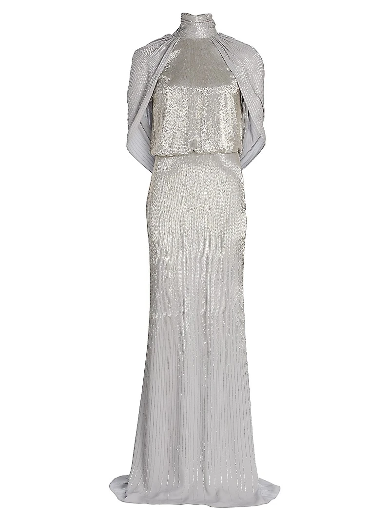 Bugle Beaded Draped Georget Cowl Back Gown