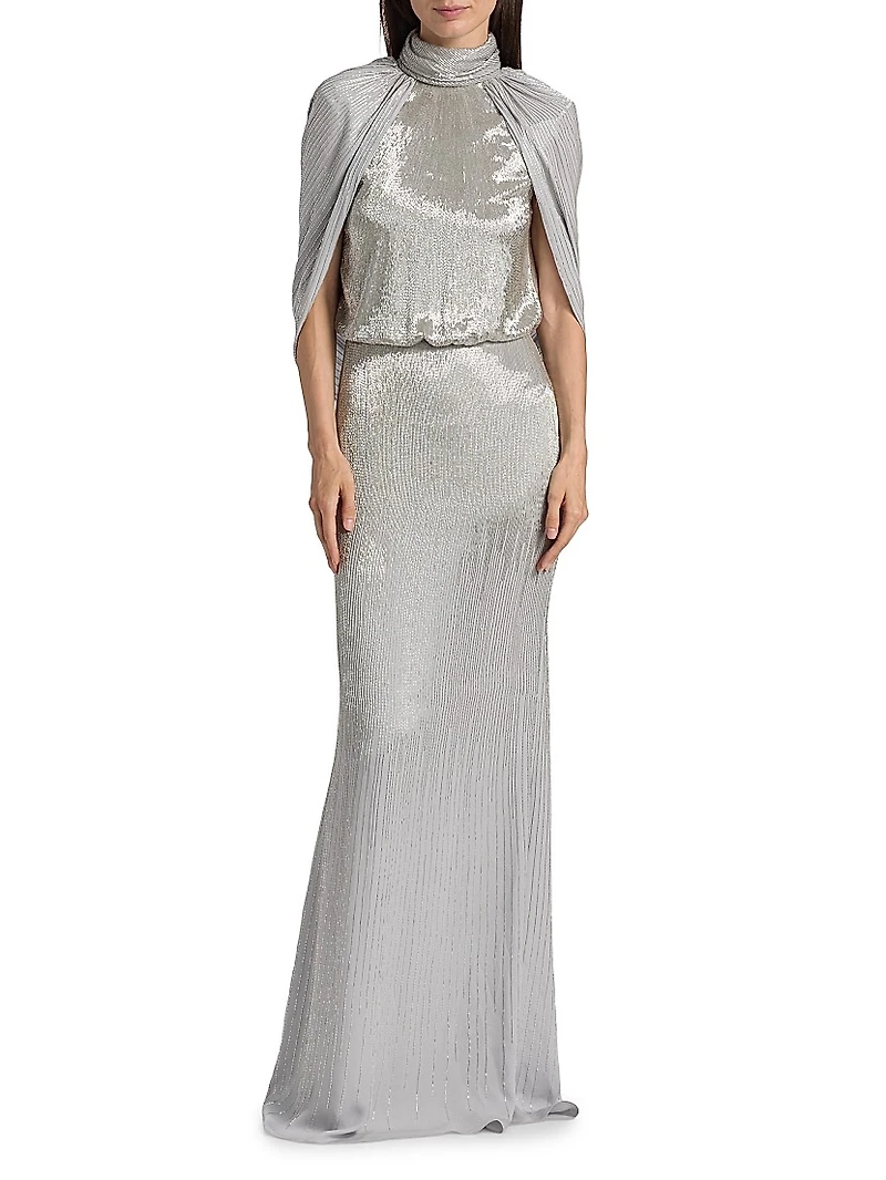 Bugle Beaded Draped Georget Cowl Back Gown