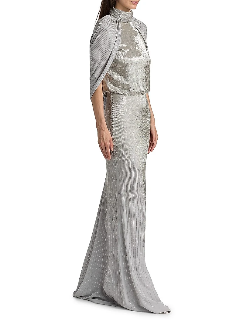 Bugle Beaded Draped Georget Cowl Back Gown