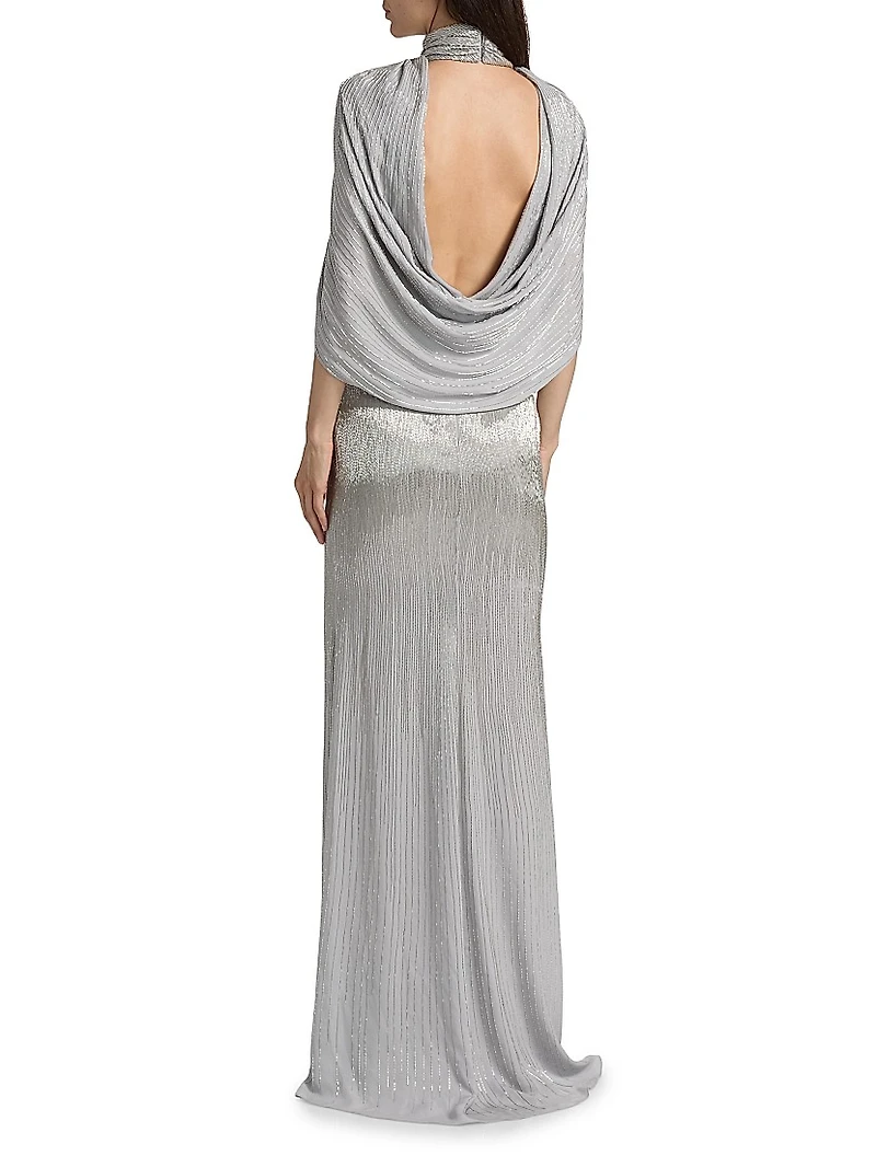 Bugle Beaded Draped Georget Cowl Back Gown