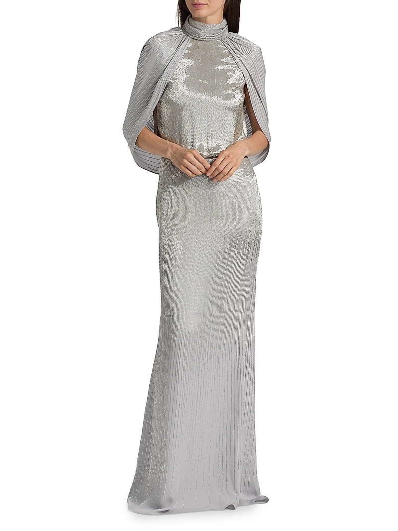 Bugle Beaded Draped Georget Cowl Back Gown
