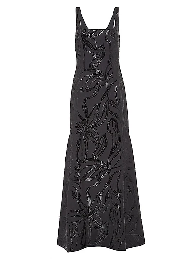 Tropical Luxury Wool Couture Dress with Dazzling Floral Embroidery