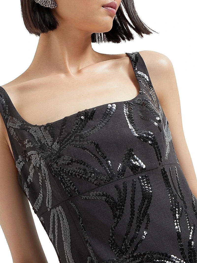 Tropical Luxury Wool Couture Dress with Dazzling Floral Embroidery