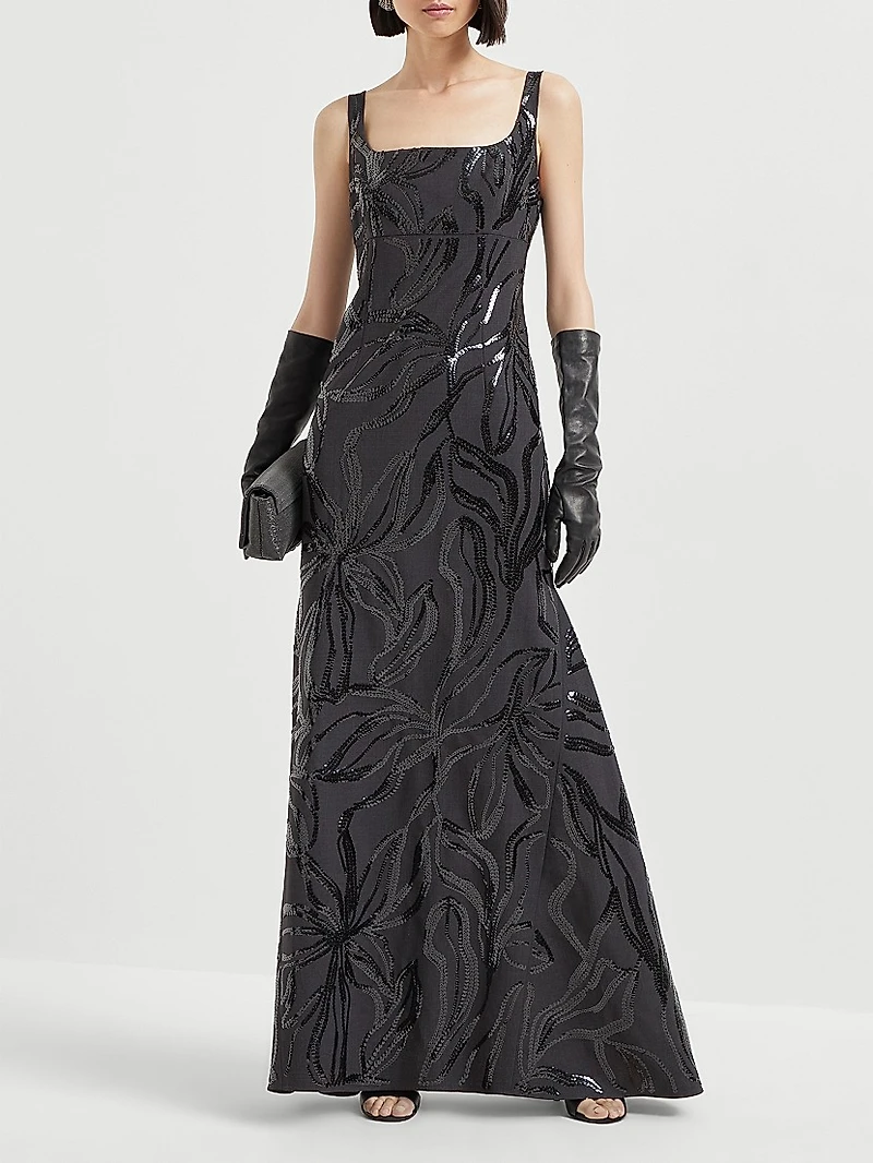 Tropical Luxury Wool Couture Dress with Dazzling Floral Embroidery