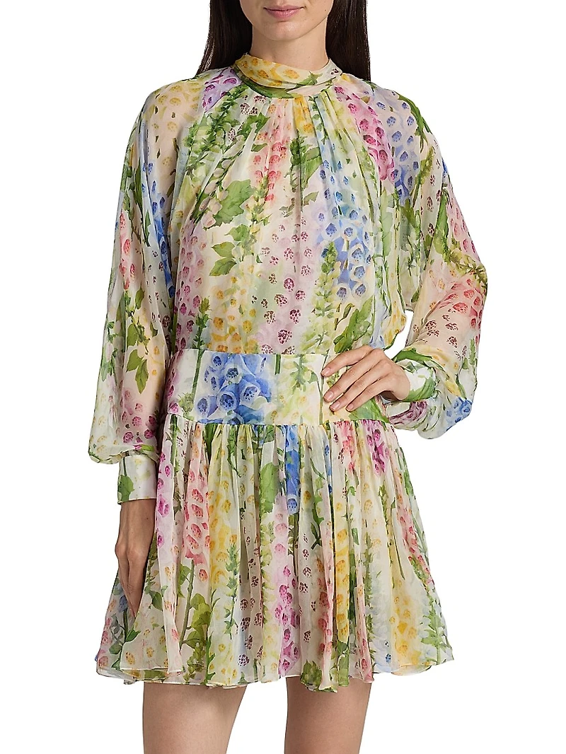 Foxgloves Chiffon Long-Sleeve Minidress