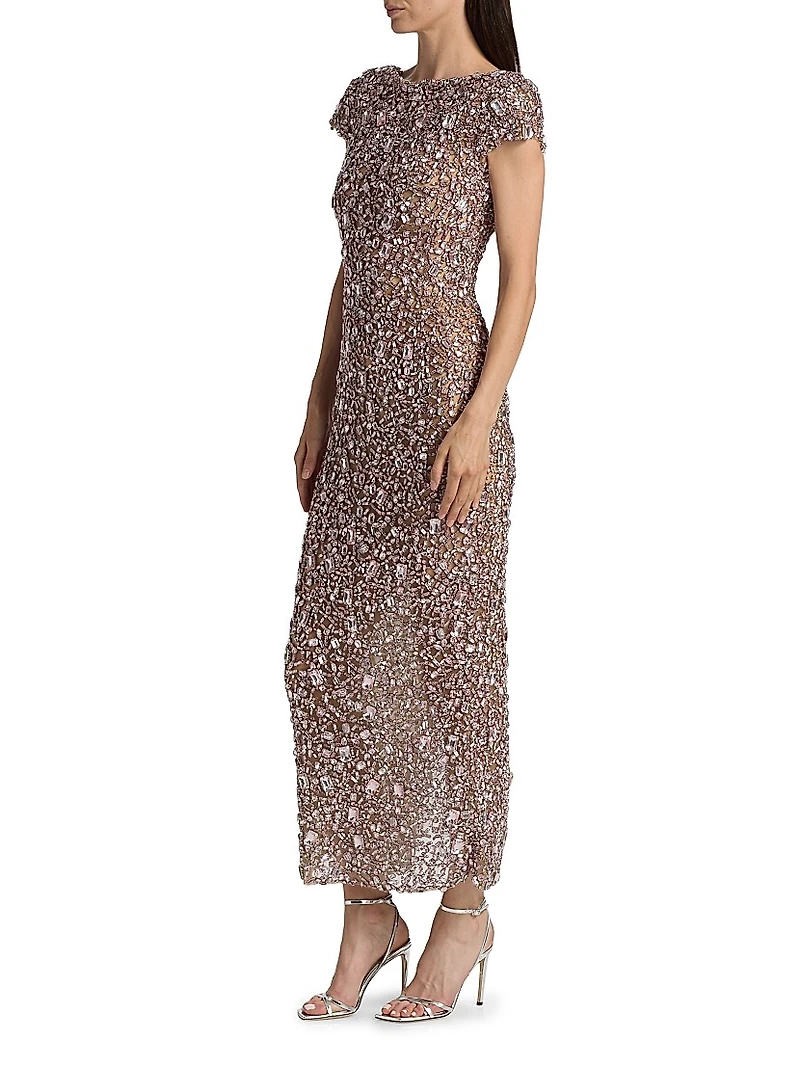 Crystal Embroidered Cap-Sleeve Gown