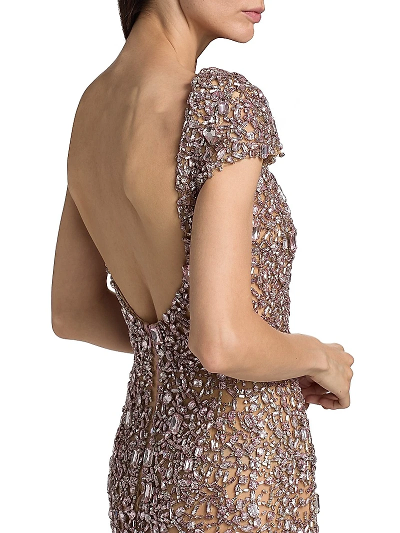 Crystal Embroidered Cap-Sleeve Gown
