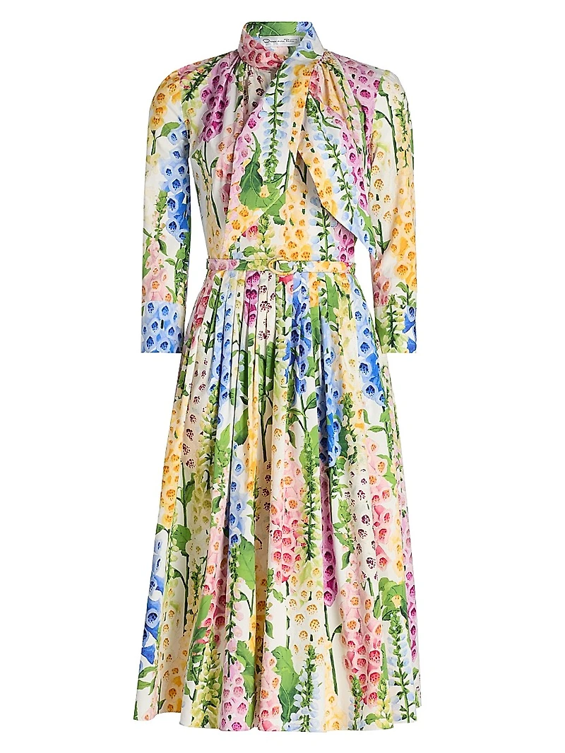 Tie-Neck Foxgloves Long-Sleeve Midi-Dress