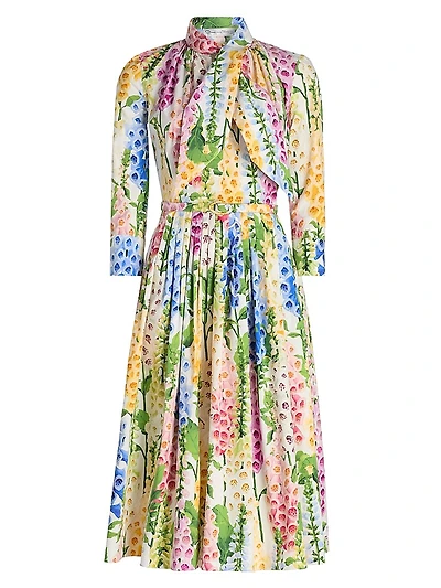 Tie-Neck Foxgloves Long-Sleeve Midi-Dress