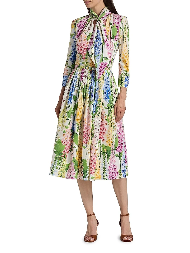 Tie-Neck Foxgloves Long-Sleeve Midi-Dress