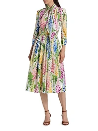 Tie-Neck Foxgloves Long-Sleeve Midi-Dress