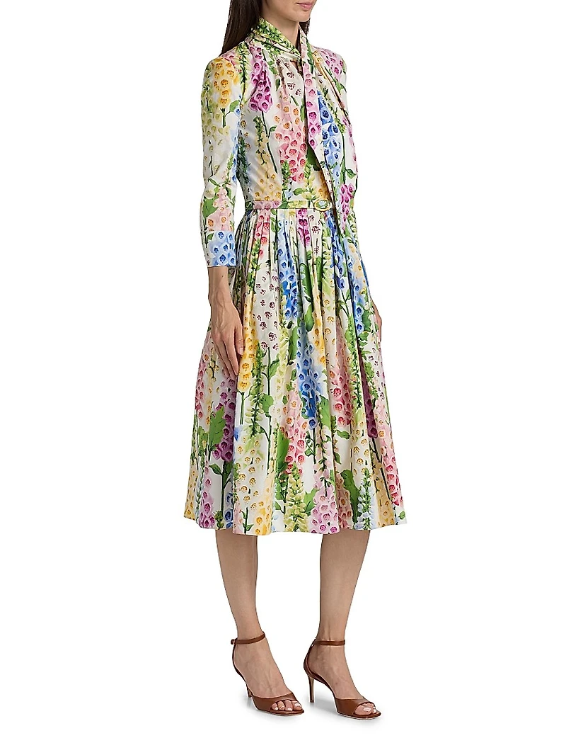 Tie-Neck Foxgloves Long-Sleeve Midi-Dress