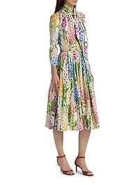 Tie-Neck Foxgloves Long-Sleeve Midi-Dress